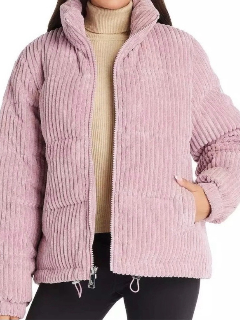 Women’s Plush Corduroy Ribbed Puffer Jacket - Pink Dusty Rose